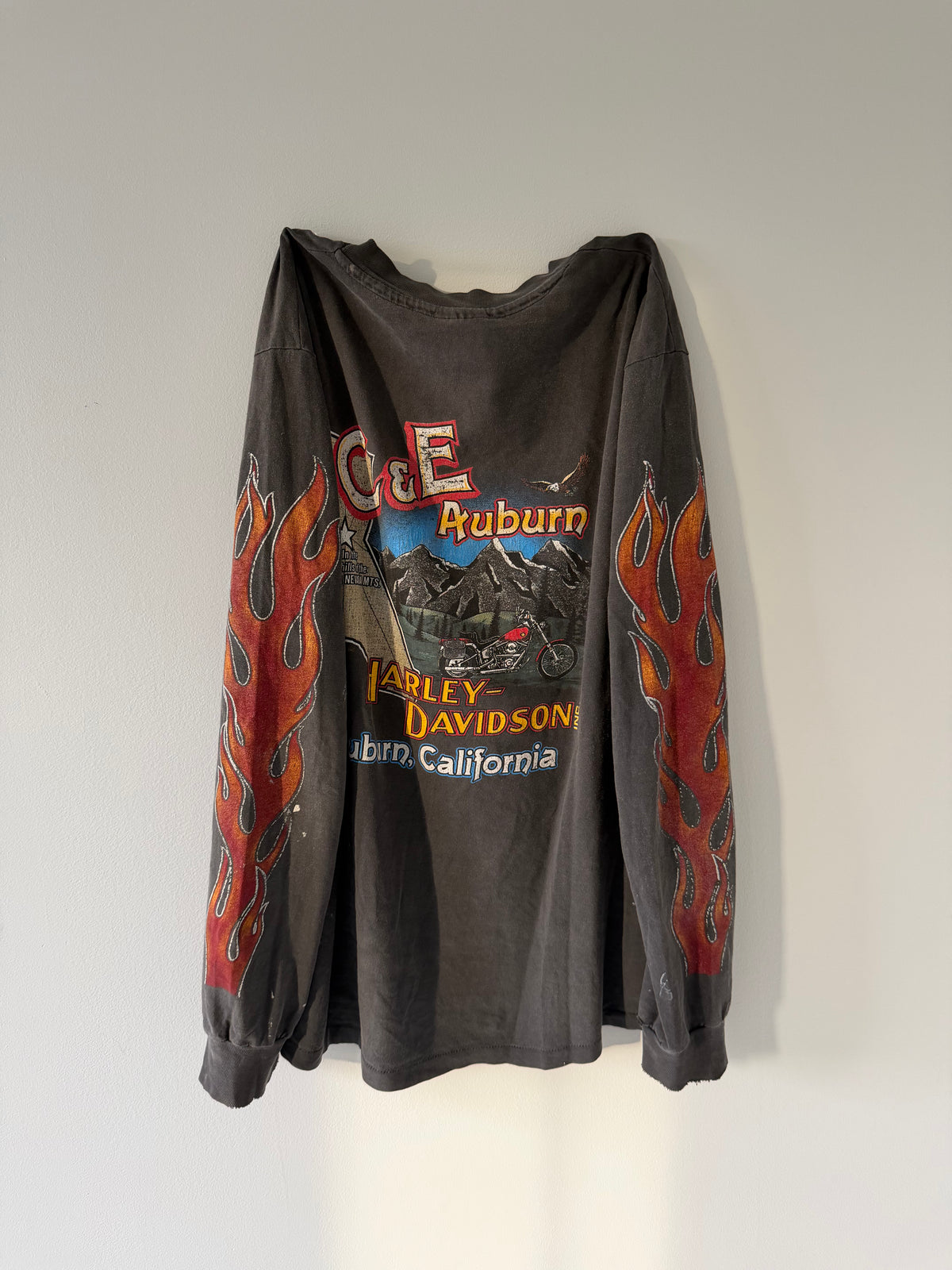 Deep Faded 1980s Harley Davidson Flameball Long-sleeve - L (21x28)