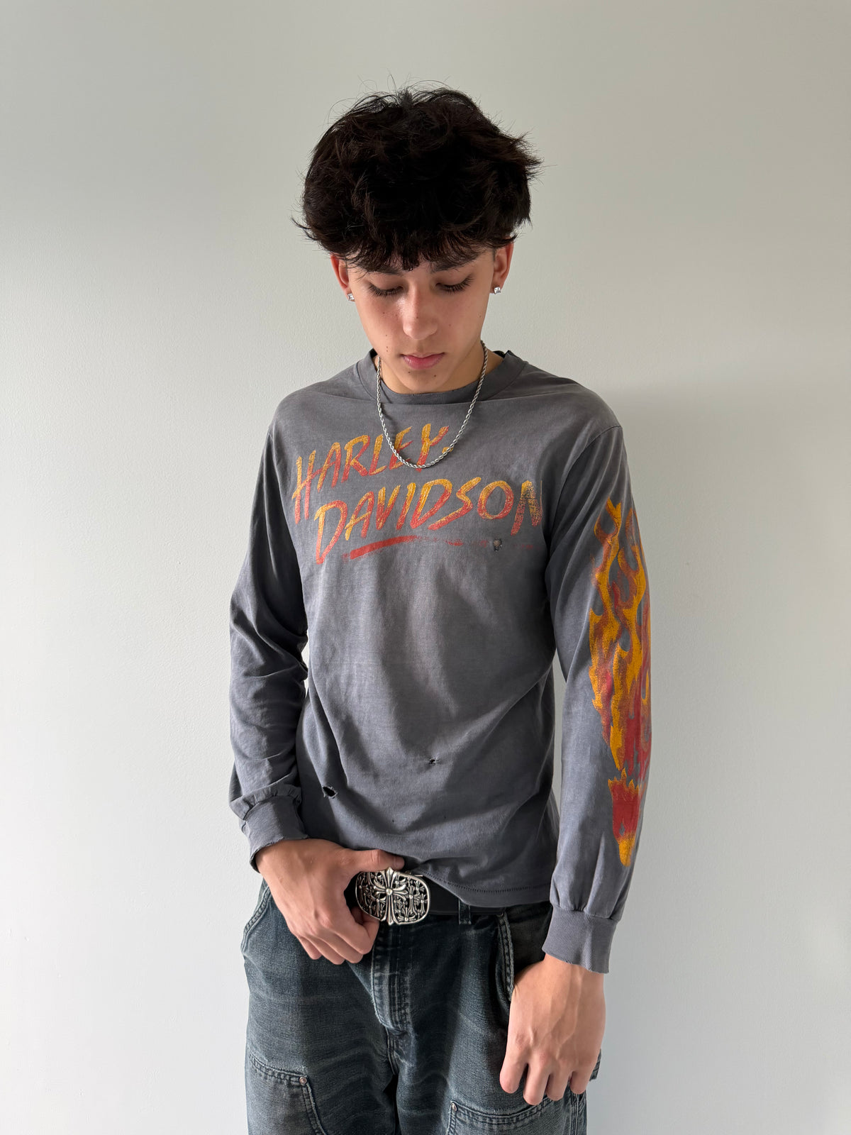 Faded 1980s Harley Davidson Single Flame Long-sleeve - M (19x27)