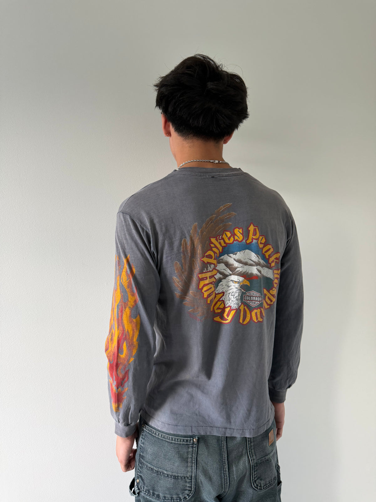 Faded 1980s Harley Davidson Single Flame Long-sleeve - M (19x27)