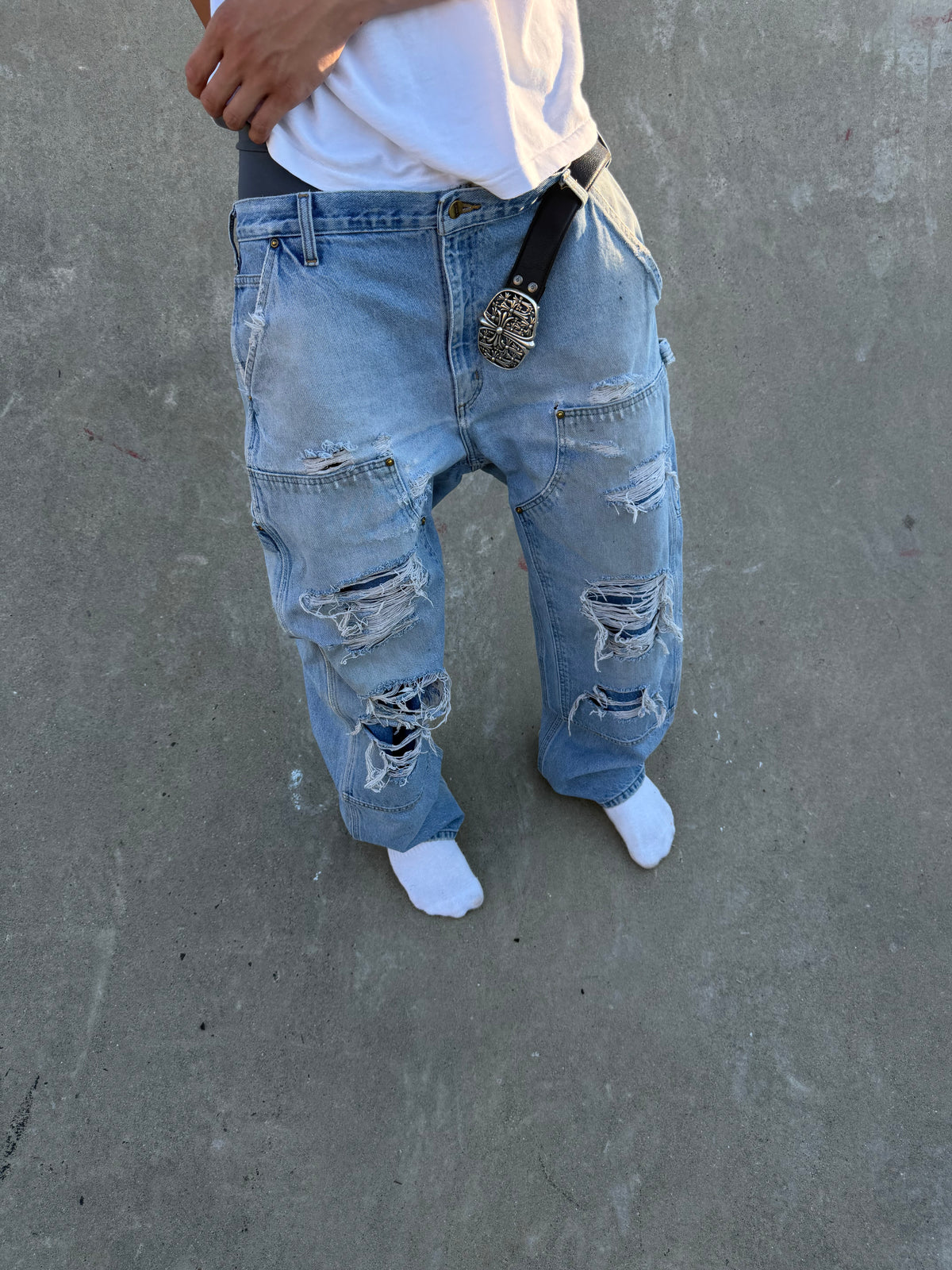 Faded and Thrashed Denim Double Knee | 38x30