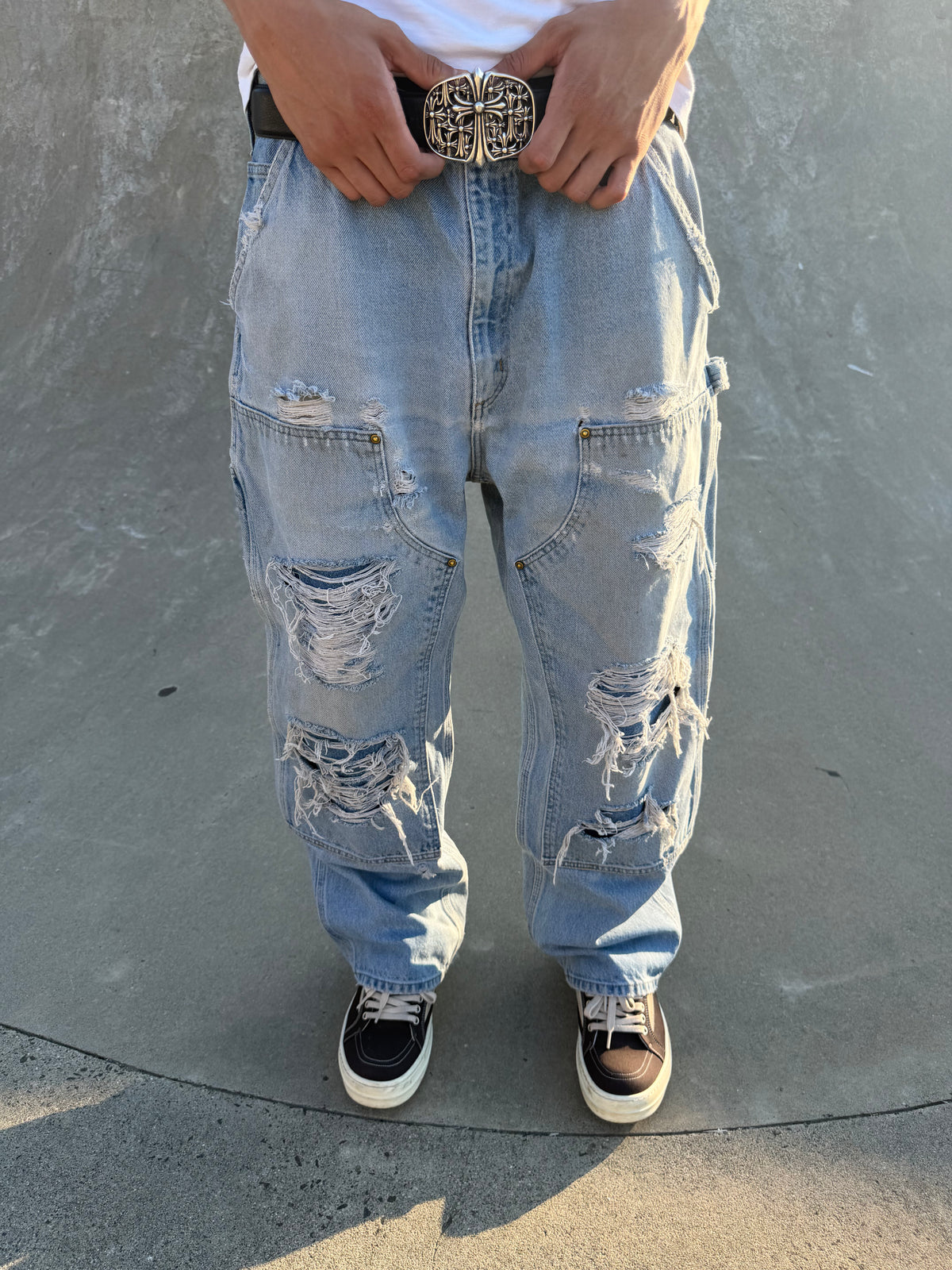 Faded and Thrashed Denim Double Knee | 38x30