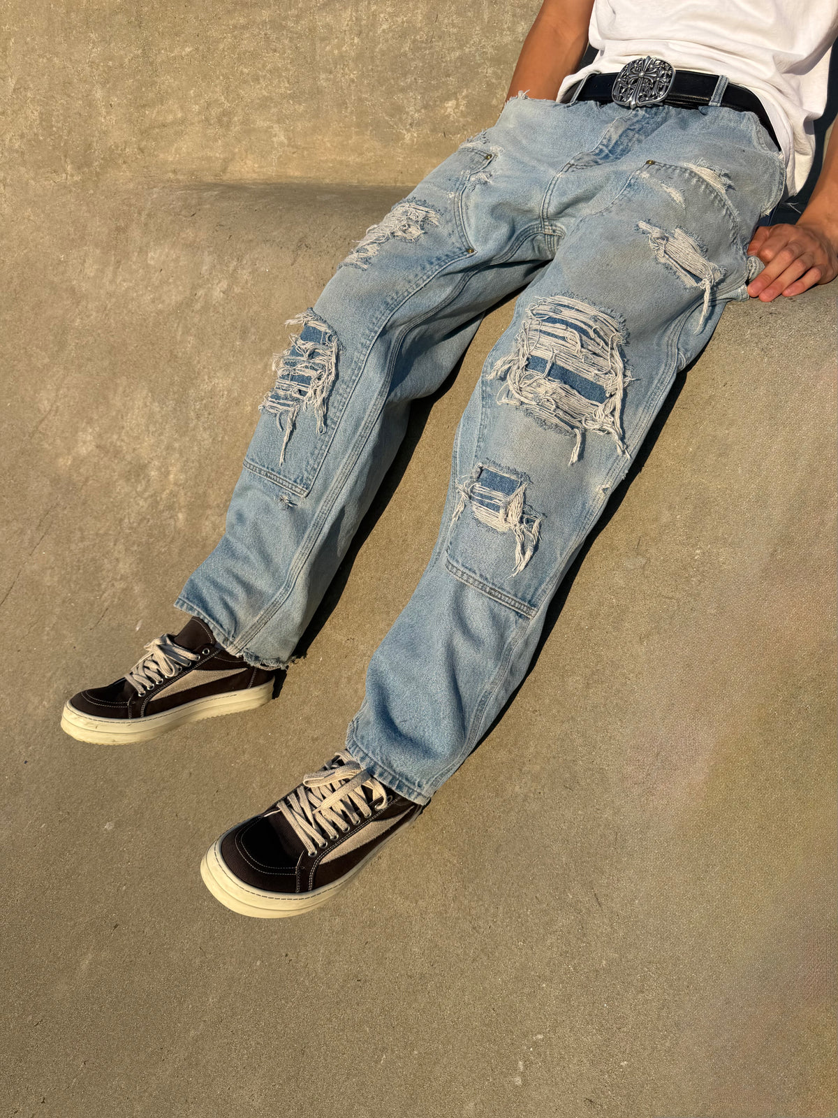 Faded and Thrashed Denim Double Knee | 38x30