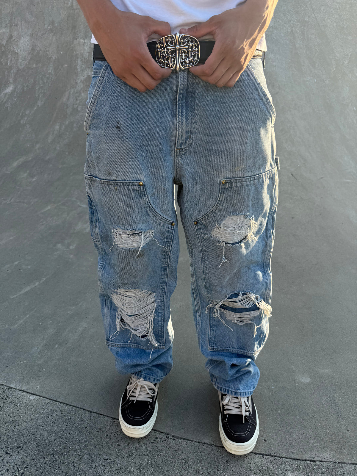 Faded and Thrashed Denim Double Knee | 32x32