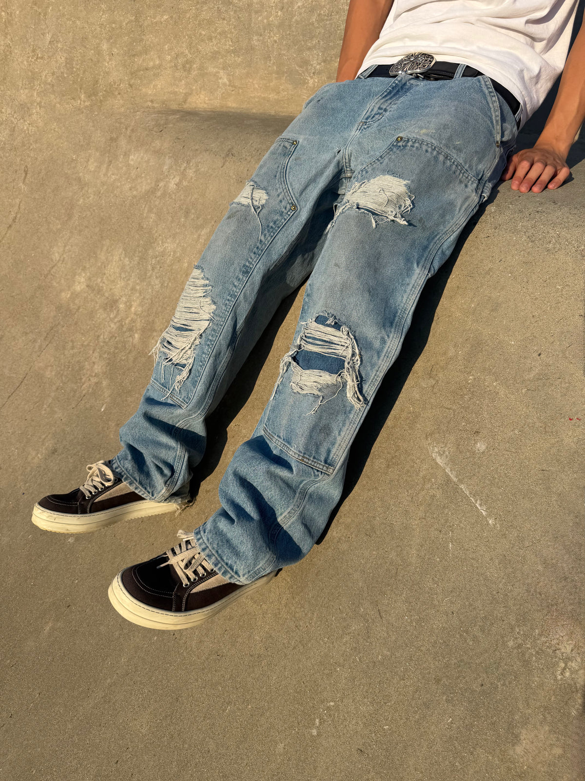 Faded and Thrashed Denim Double Knee | 32x32