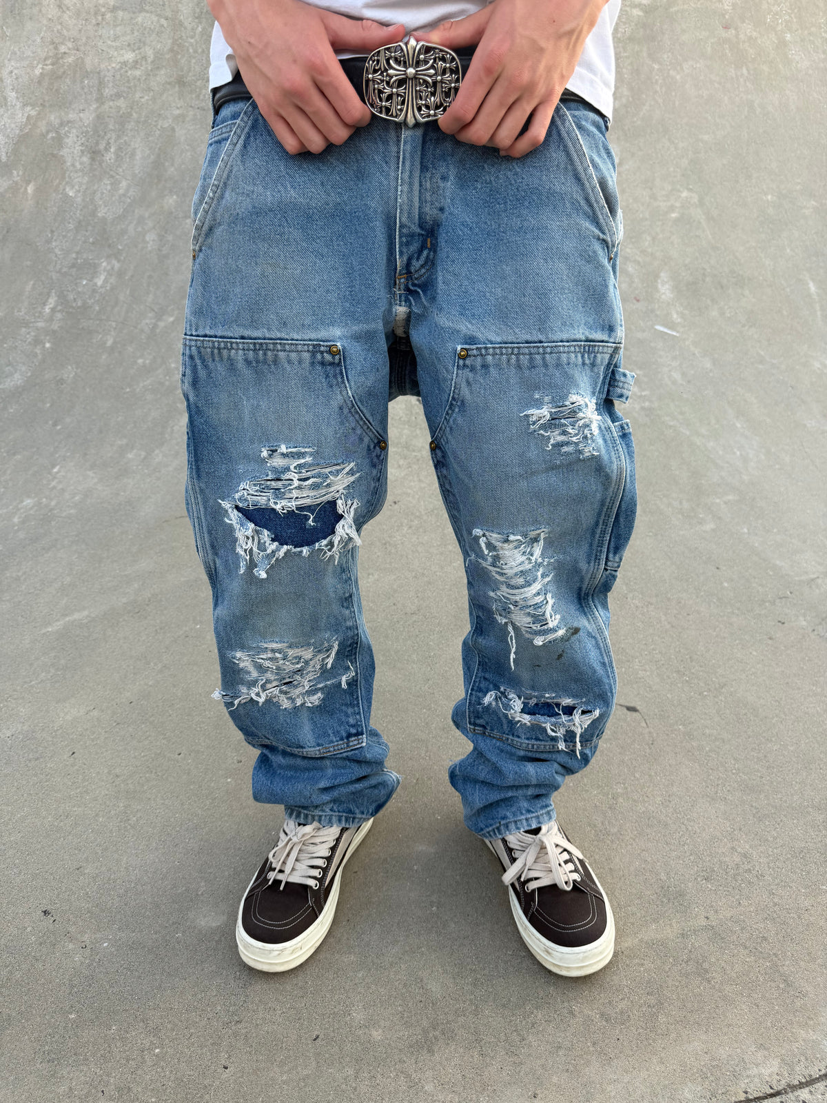 Faded and Thrashed Denim Double Knee | 32x30