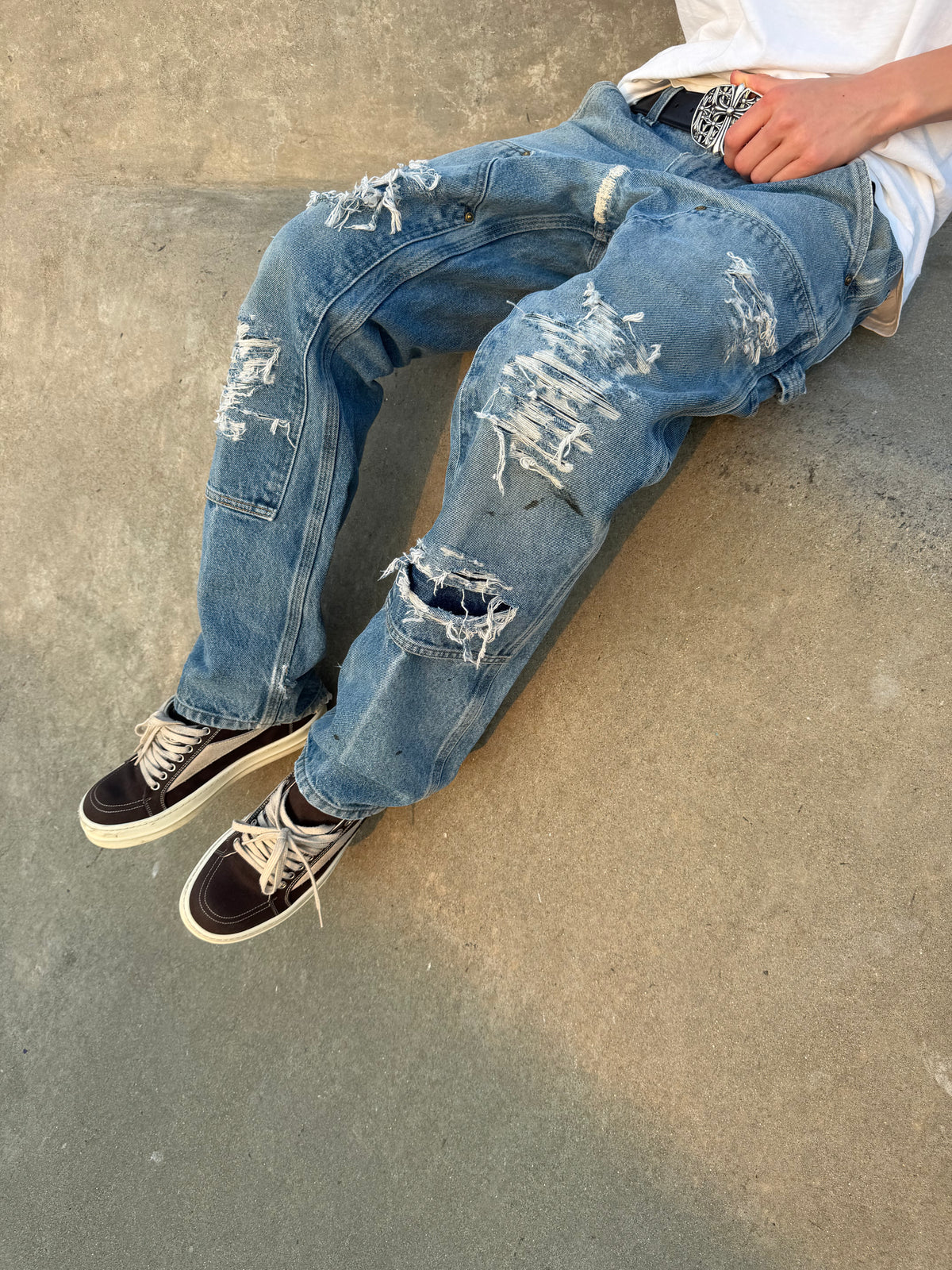 Faded and Thrashed Denim Double Knee | 32x30