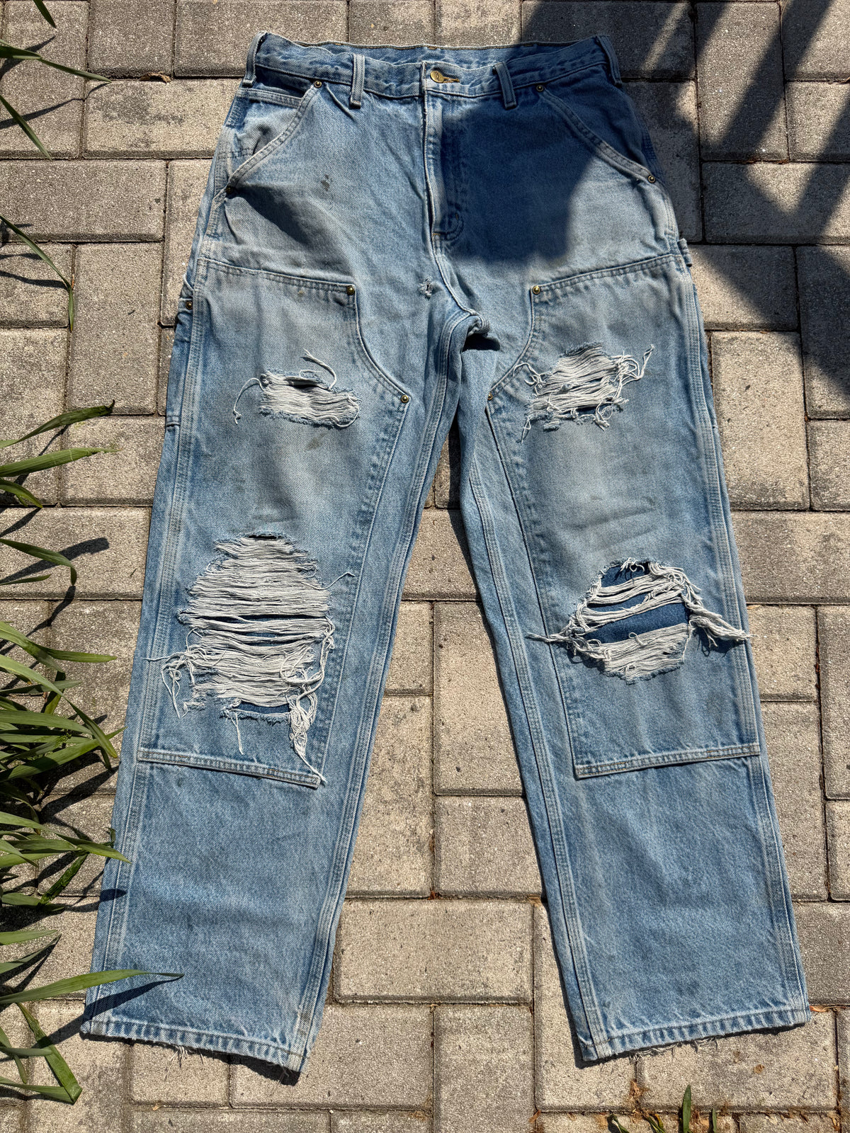 Faded and Thrashed Denim Double Knee | 32x32