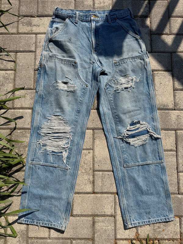Faded and Thrashed Denim Double Knee | 32x32