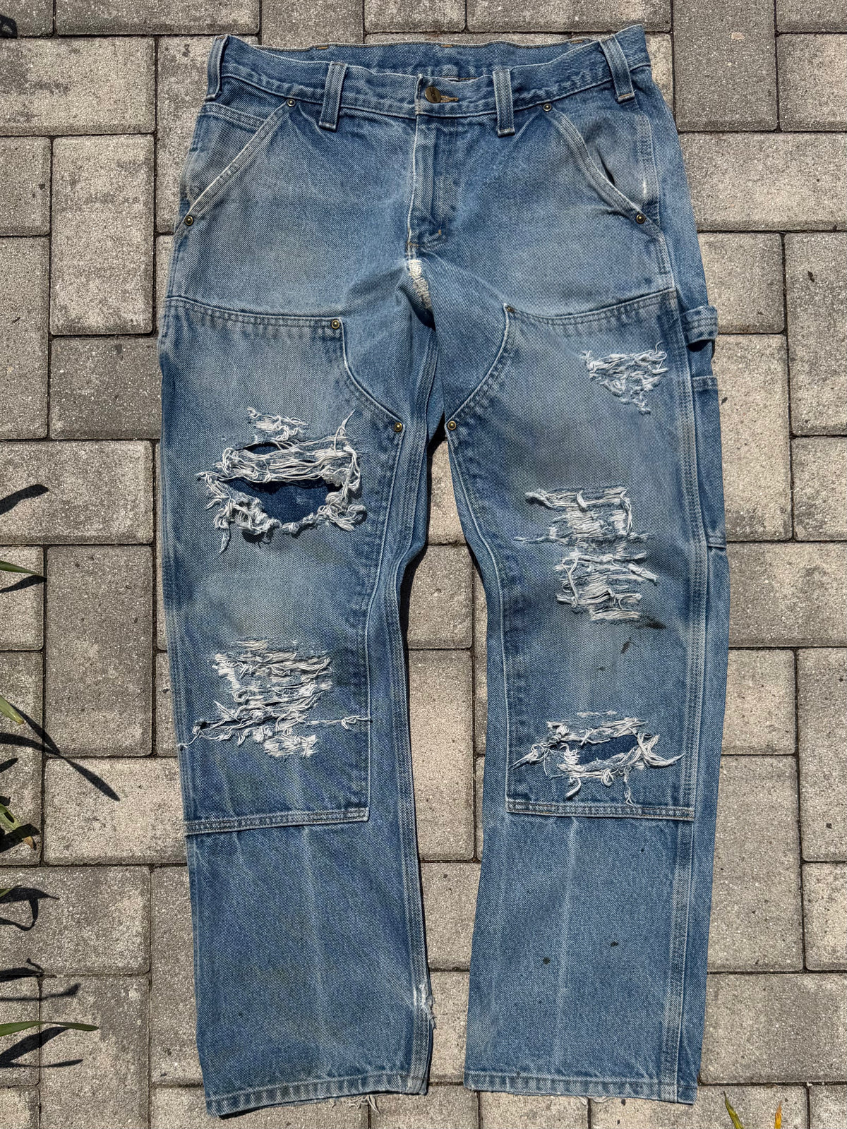 Faded and Thrashed Denim Double Knee | 32x30