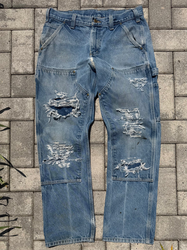 Faded and Thrashed Denim Double Knee | 32x30