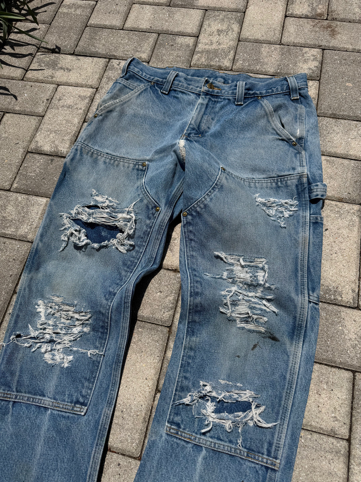 Faded and Thrashed Denim Double Knee | 32x30