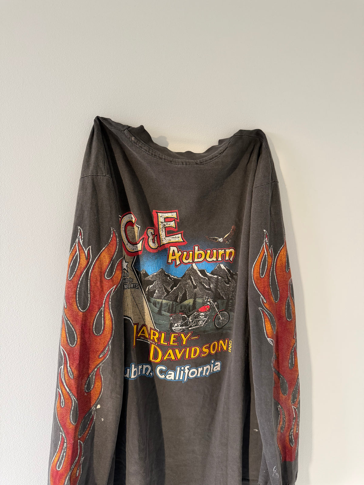 Deep Faded 1980s Harley Davidson Flameball Long-sleeve - L (21x28)